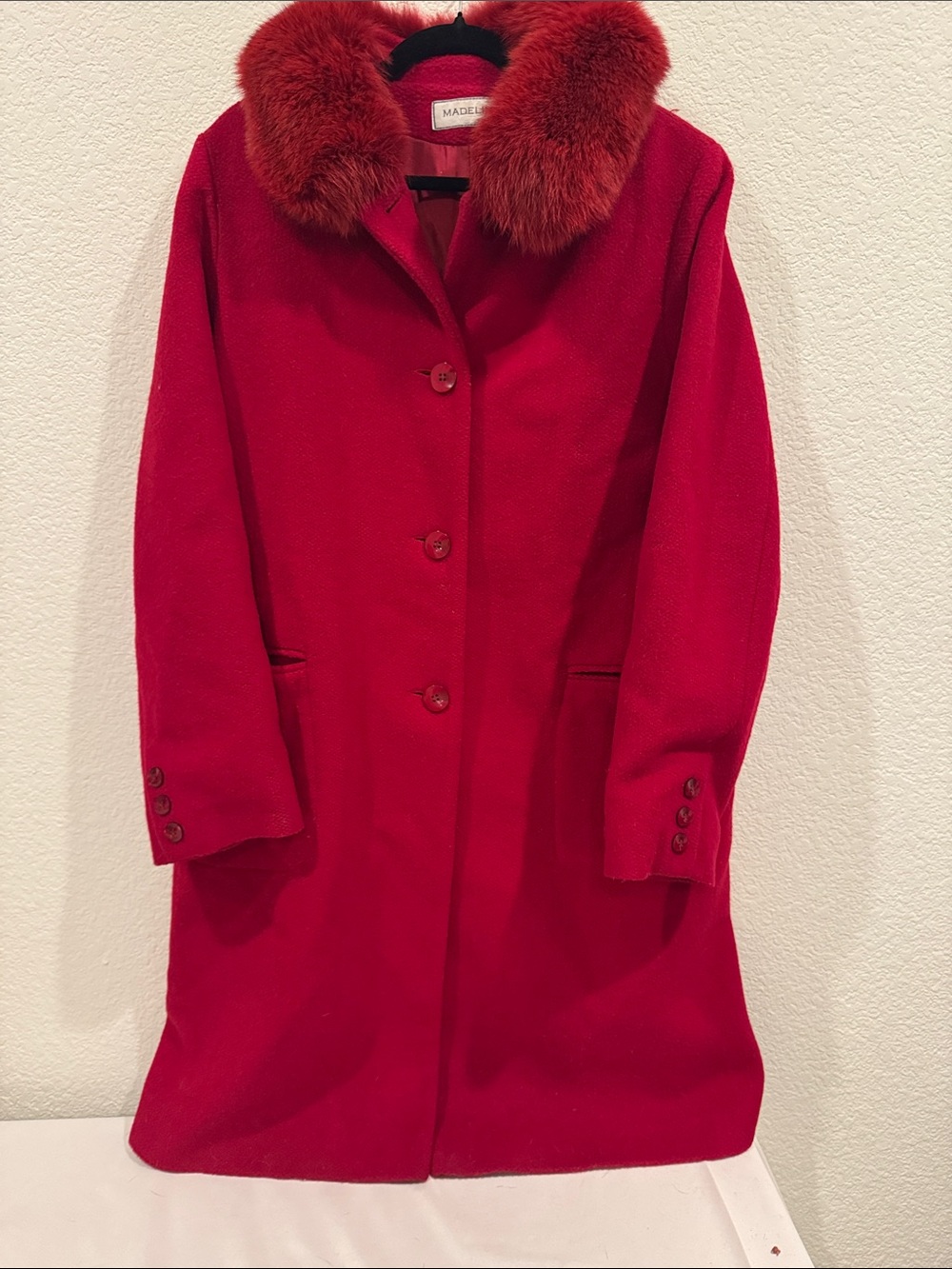 VTG Madeline by Alorna Red Wool Mohair Coat Real Fox Fur Collar Trim Size 16